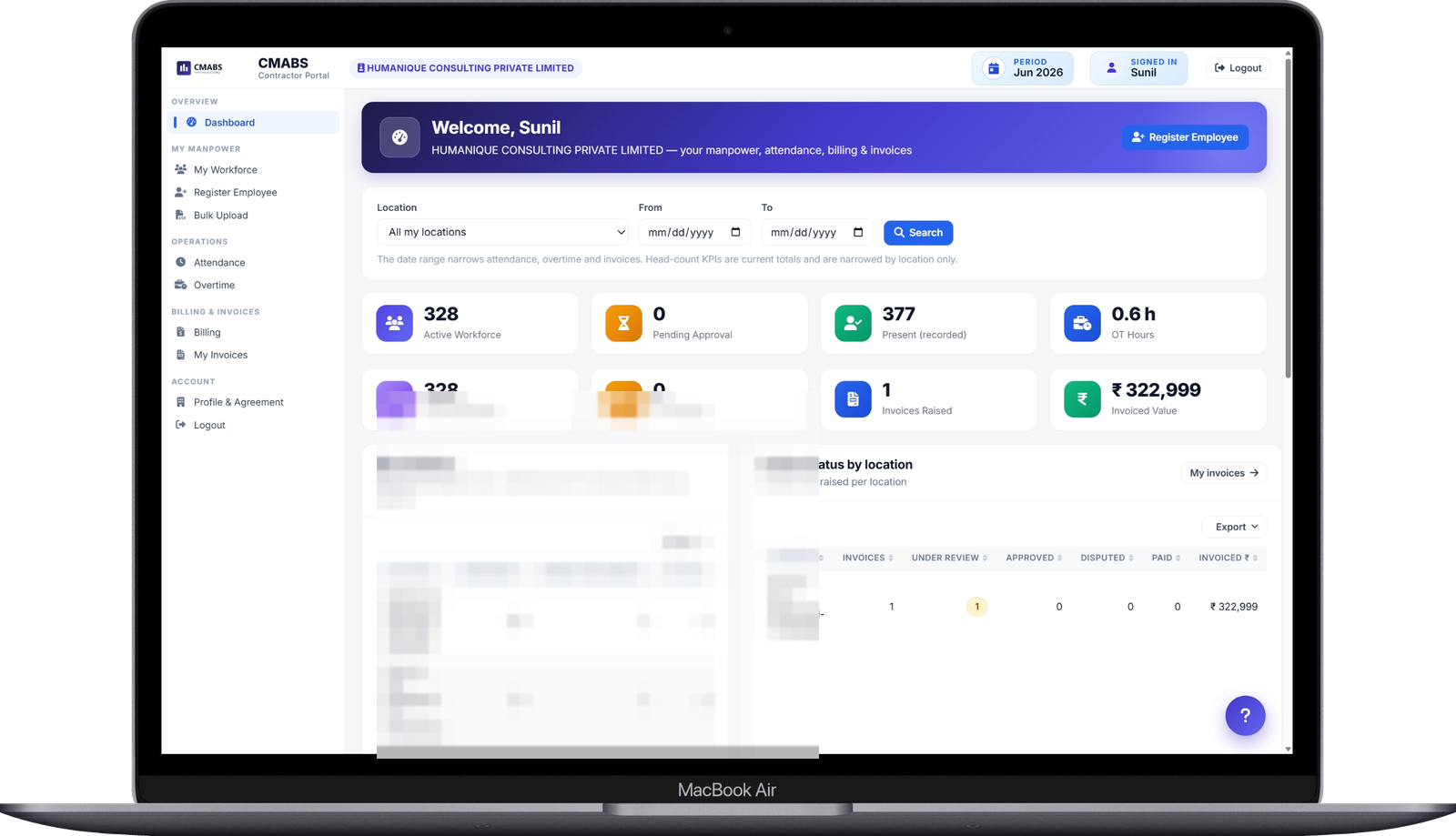 Contractor Portal — The contractor's own scoped view of workforce, attendance, billing and invoices