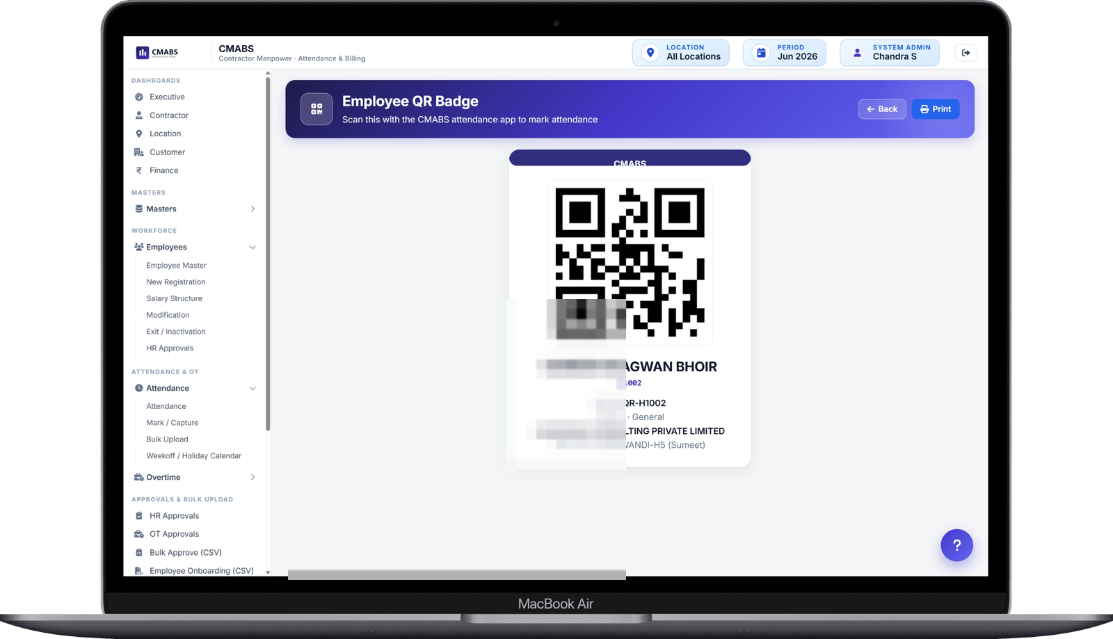 Employee QR Badge — A printable badge per worker, scanned by the app to punch in and out