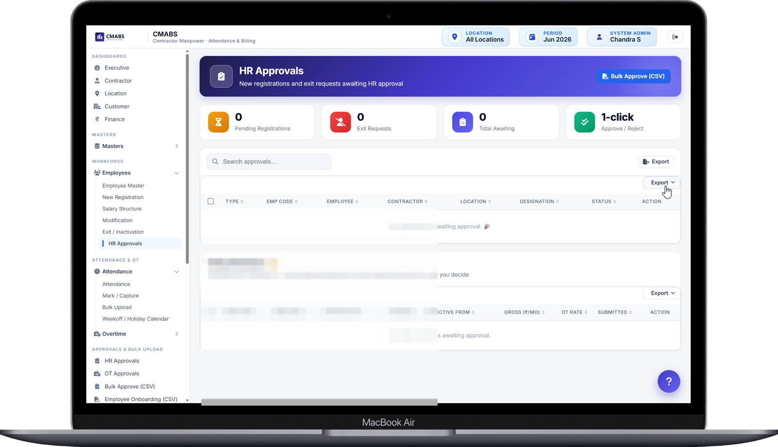 HR Approvals — New registrations, exit requests and salary revisions in one queue
