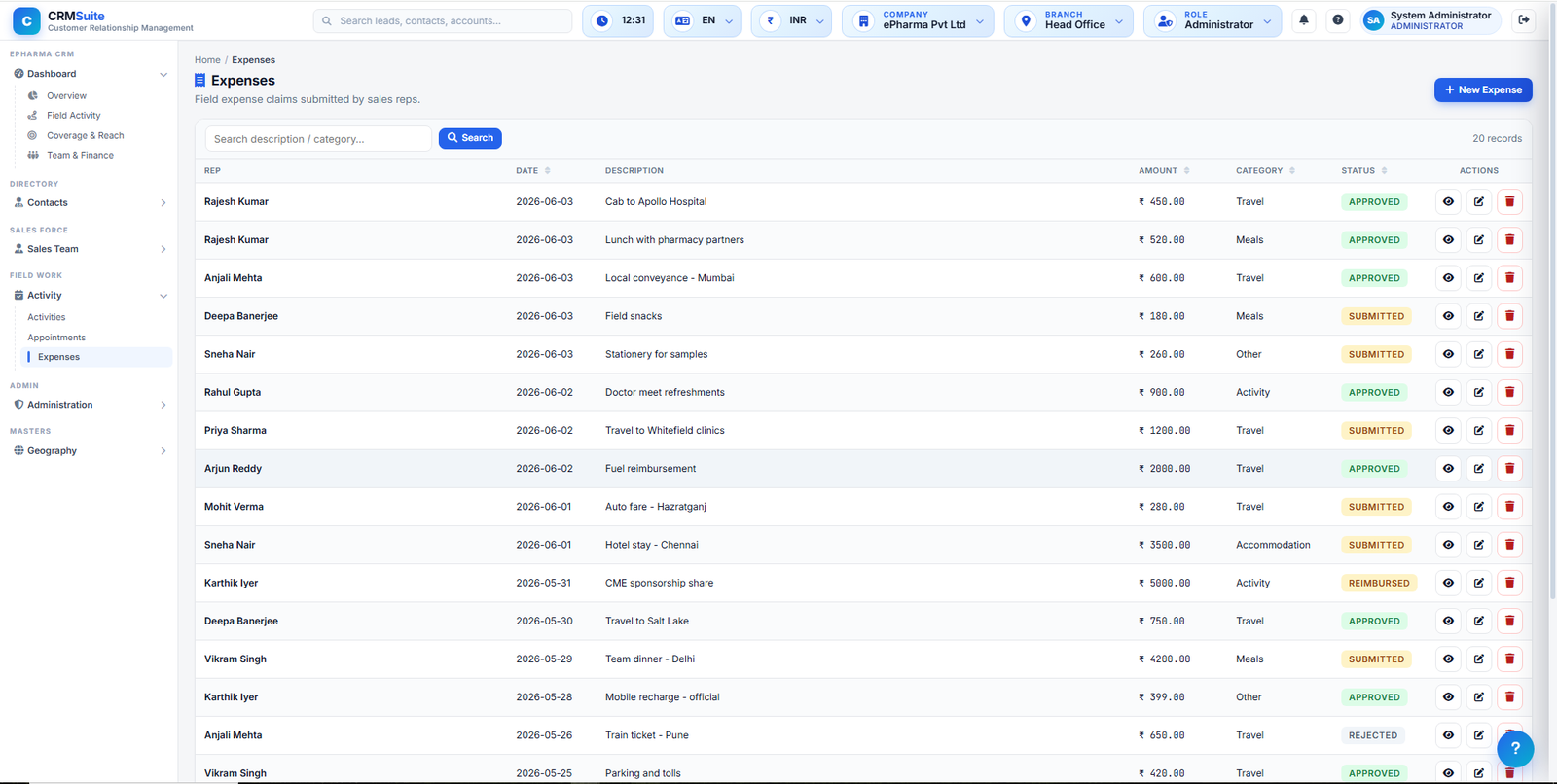 Field expenses screen showing travel and allowance claims with approval status