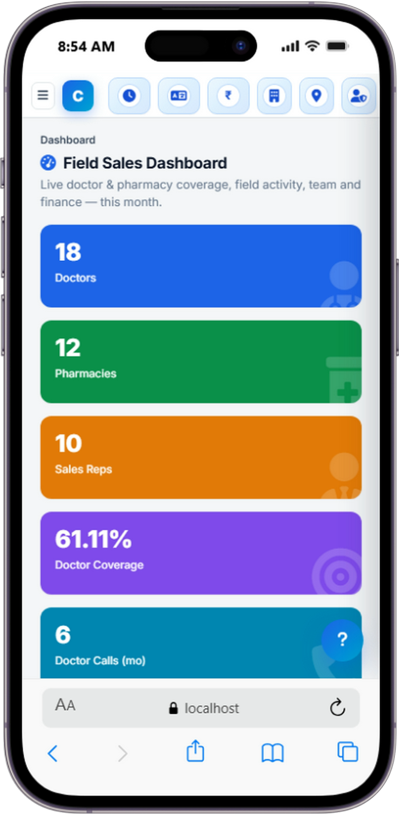 ePharma CRM mobile app dashboard showing the rep's day, calls made and coverage