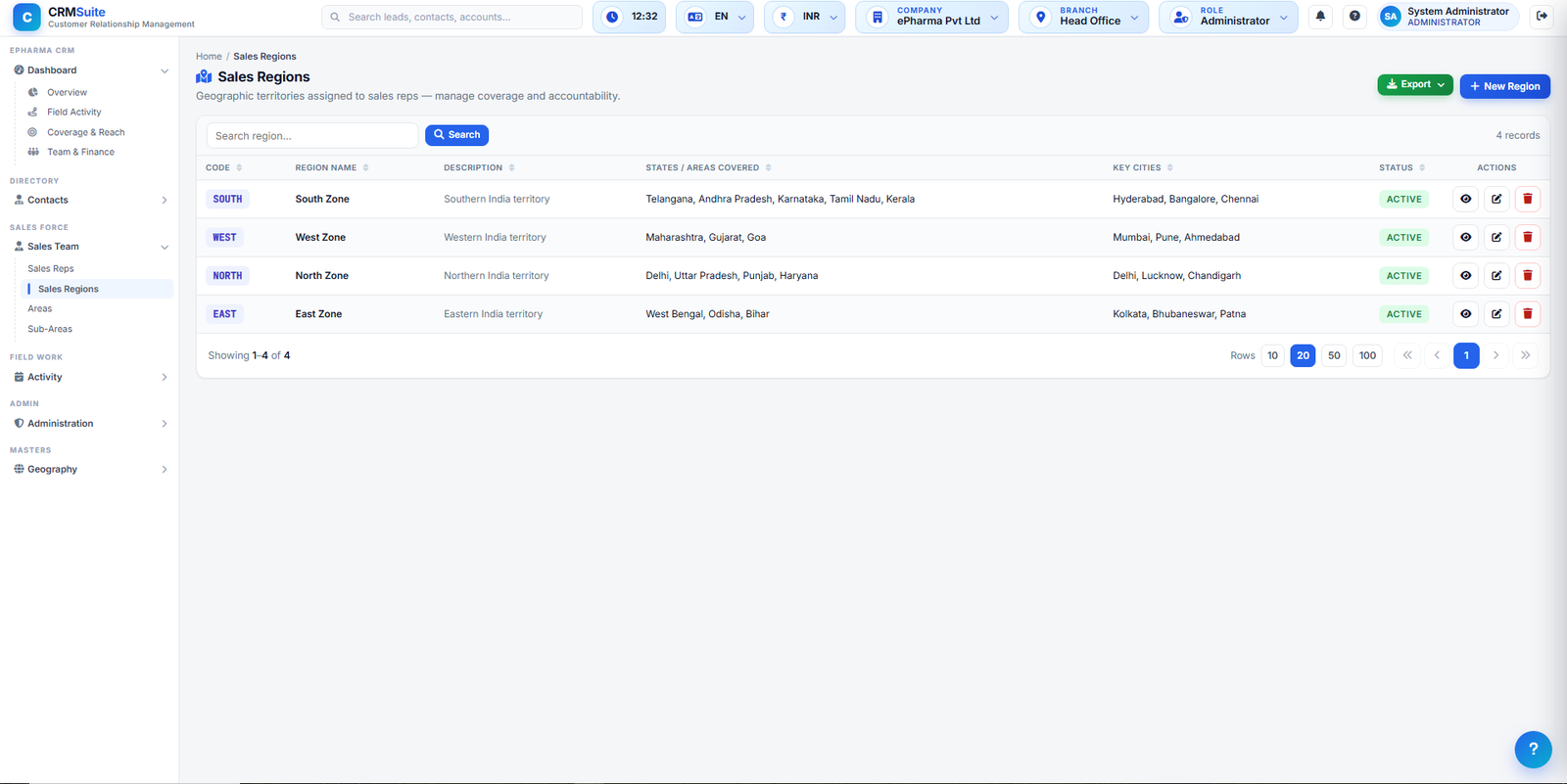 Sales region setup screen defining regions, headquarters and beats