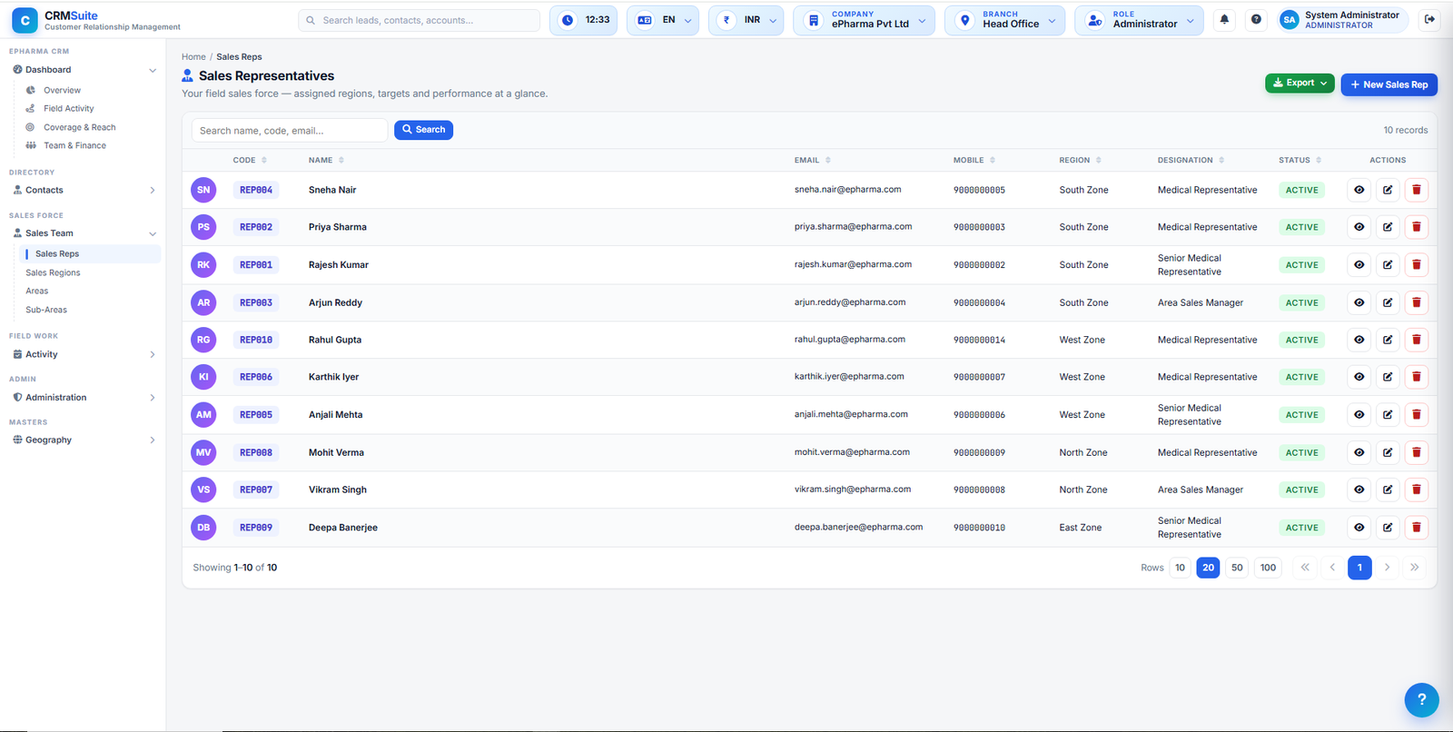 Sales representative record showing territory assignment and reporting line