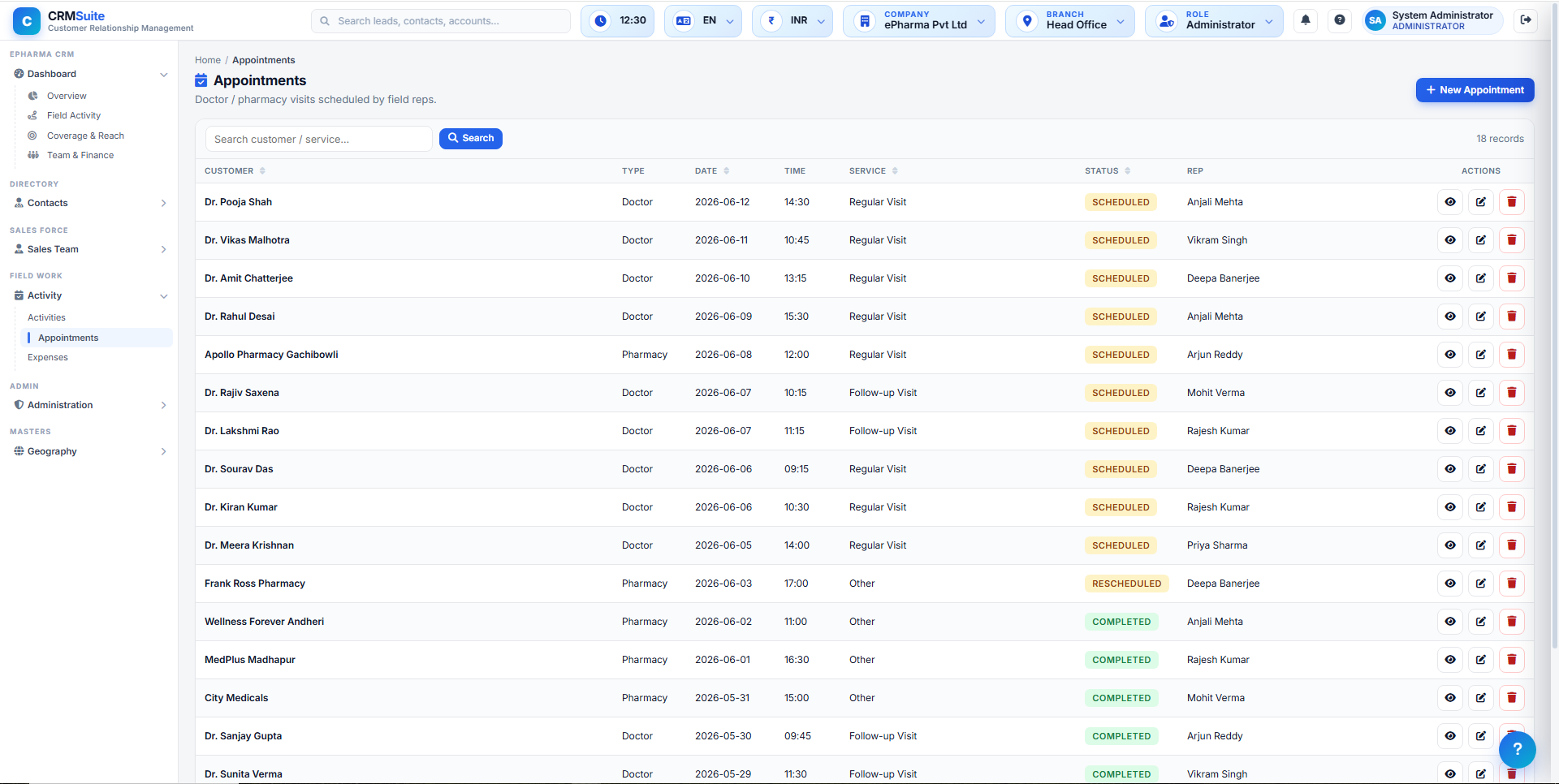 ePharma CRM appointments and day planning for medical reps
