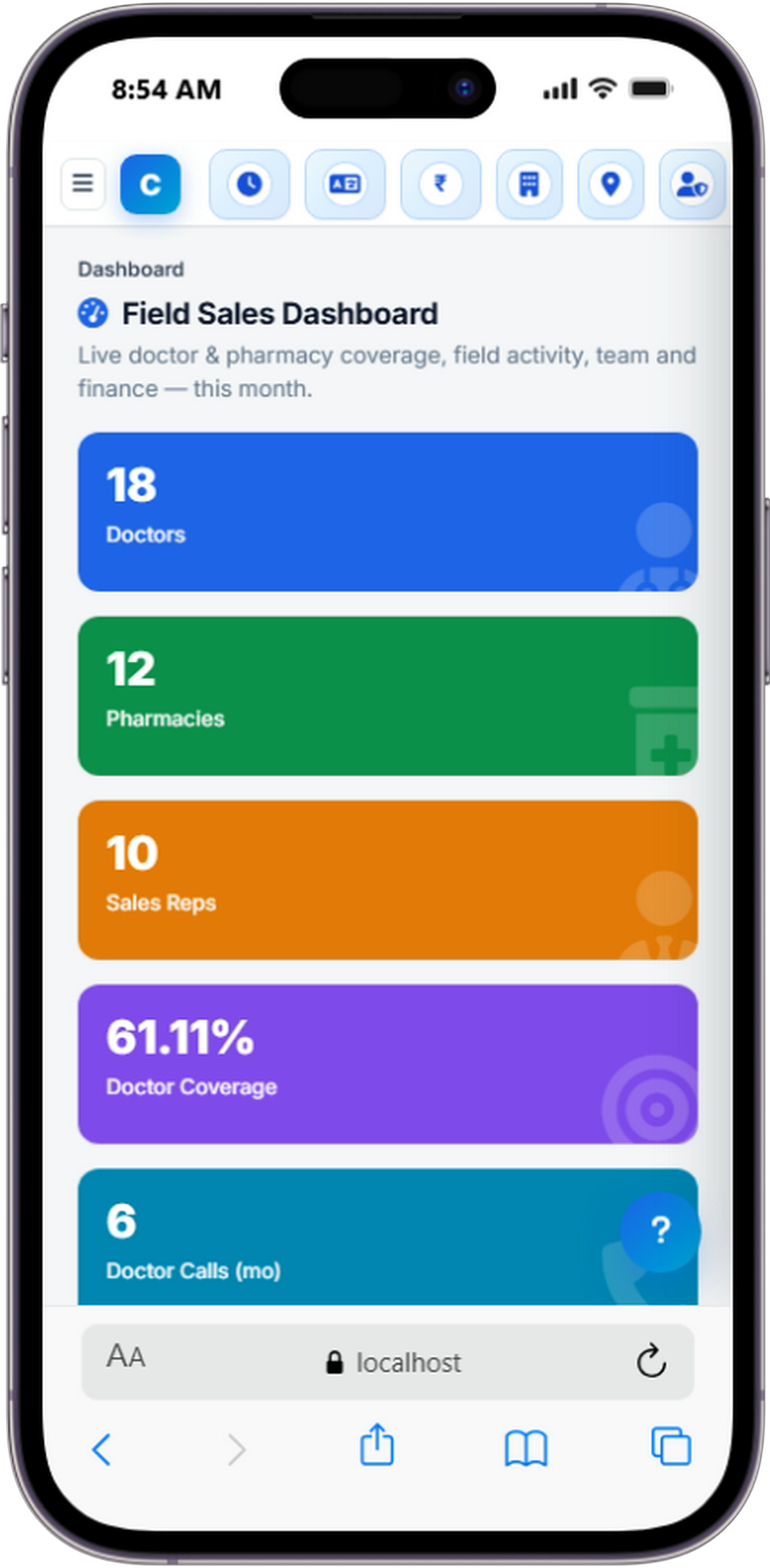 ePharma CRM mobile dashboard for medical reps