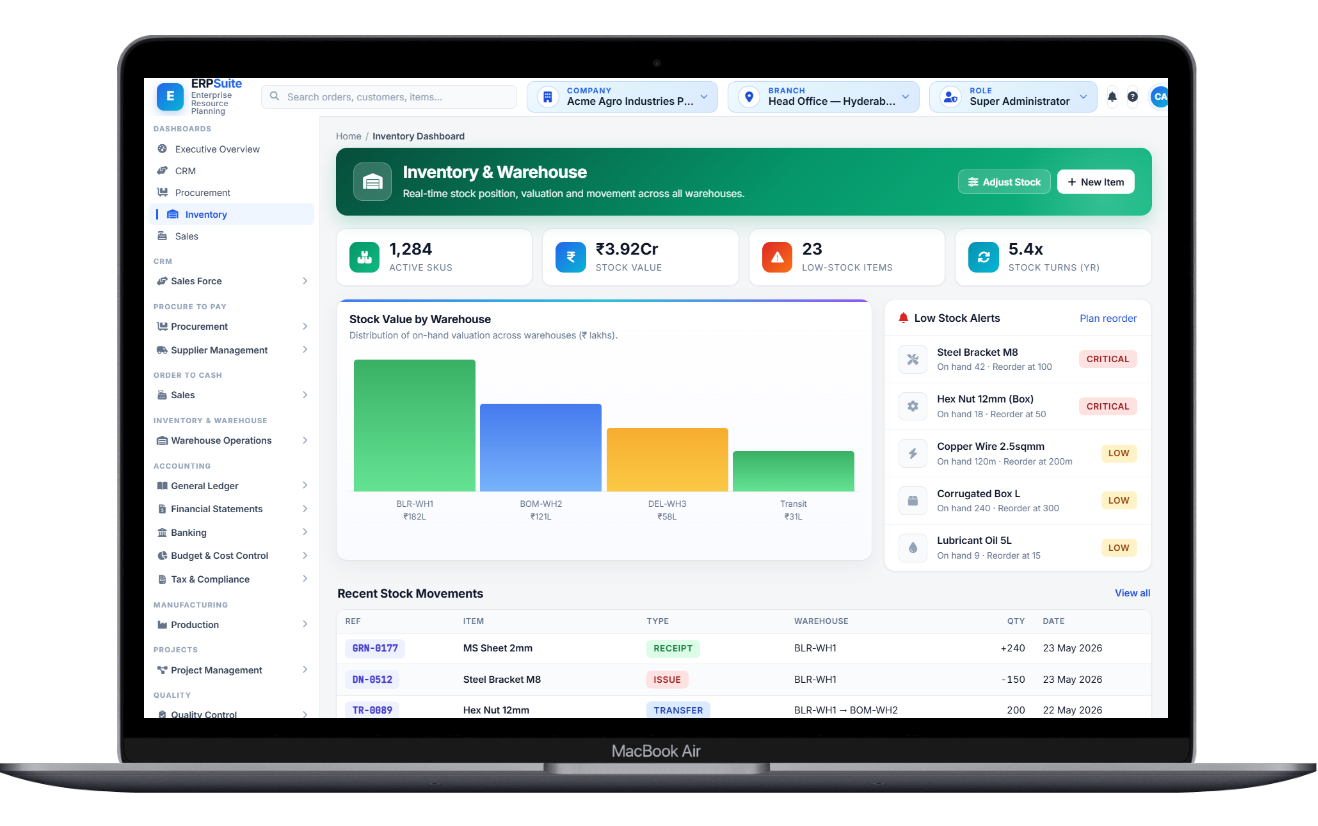 Inventory and warehouse dashboard showing stock position and valuation
