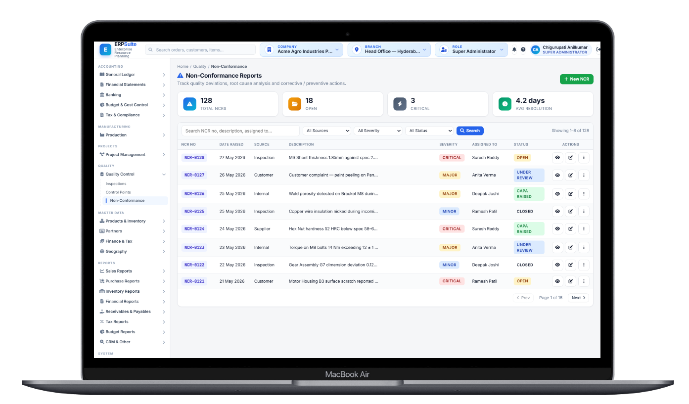 Non-conformance reports screen for quality deviations and corrective actions
