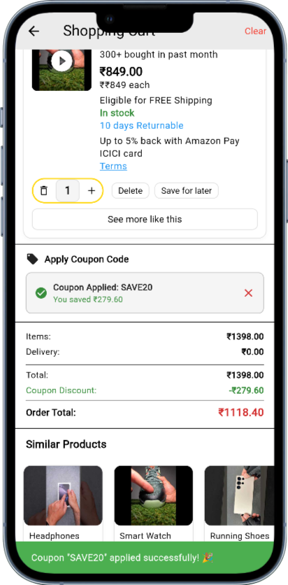Shopping cart screen in a social commerce app