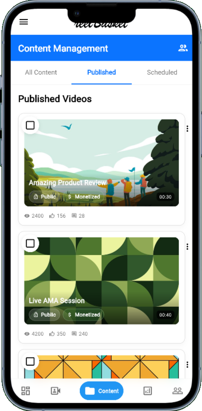 Creator content library screen listing published posts
