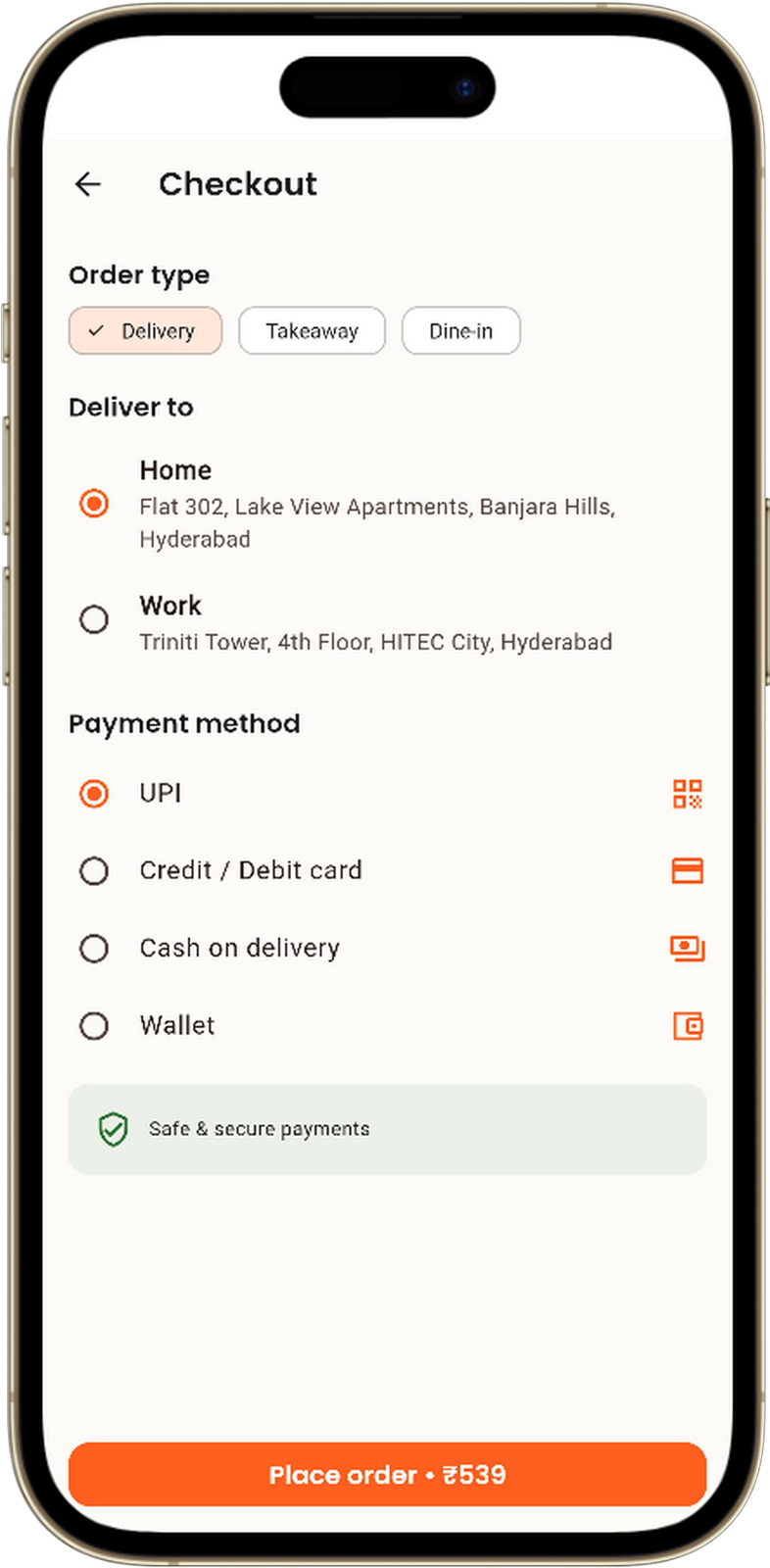 Checkout screen with payment options in a Flutter app