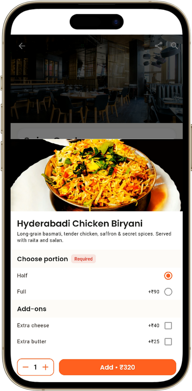 Dish customisation screen with add-ons and options