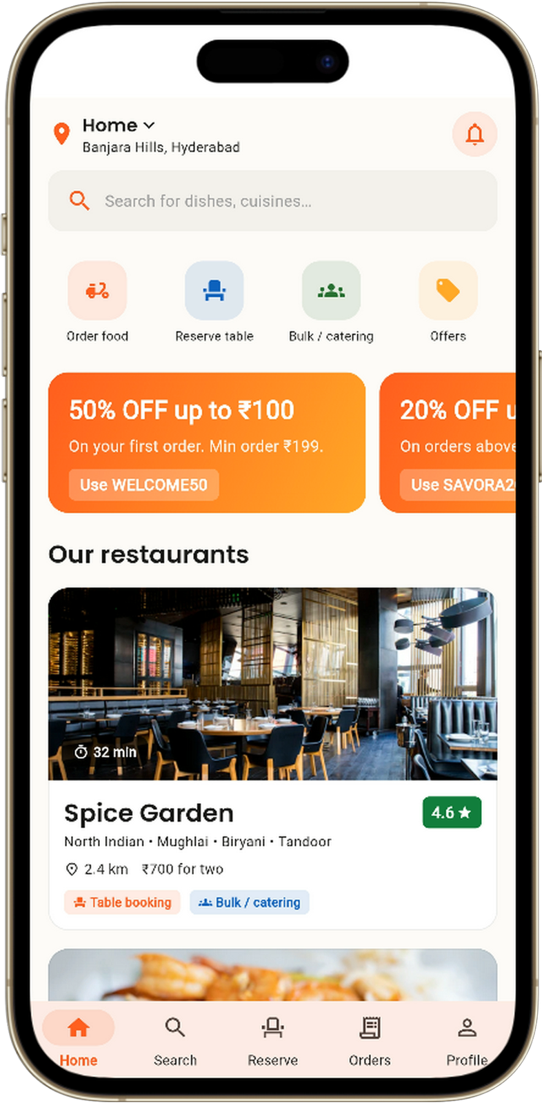 Restaurant ordering app home screen built with Flutter