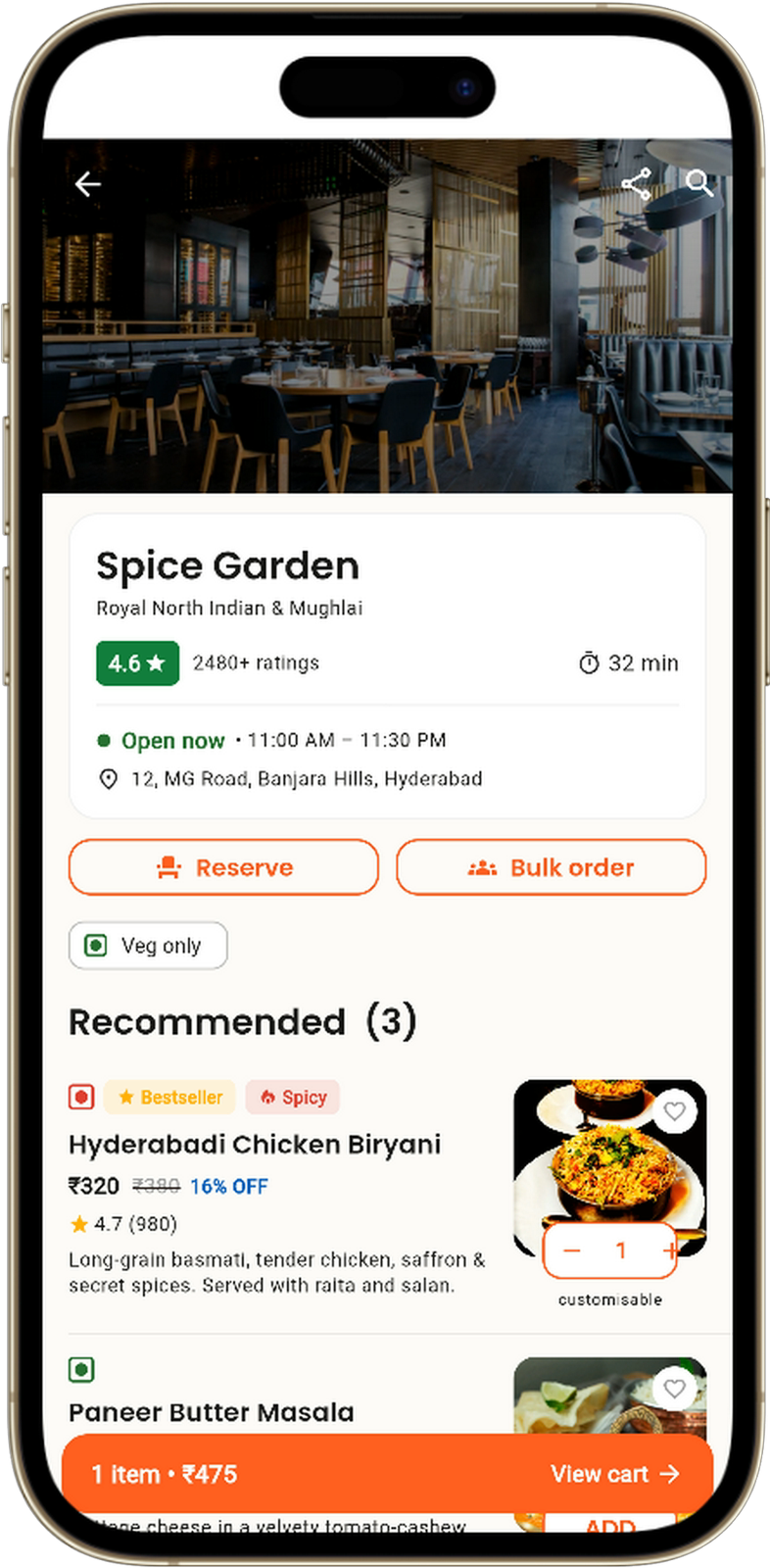 Restaurant menu browsing screen with a persistent cart bar