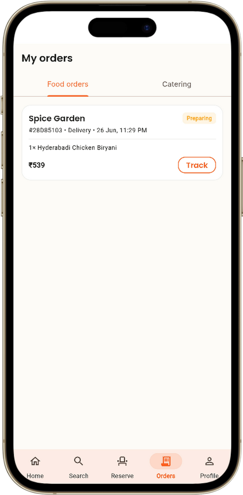 Order history screen listing previous orders