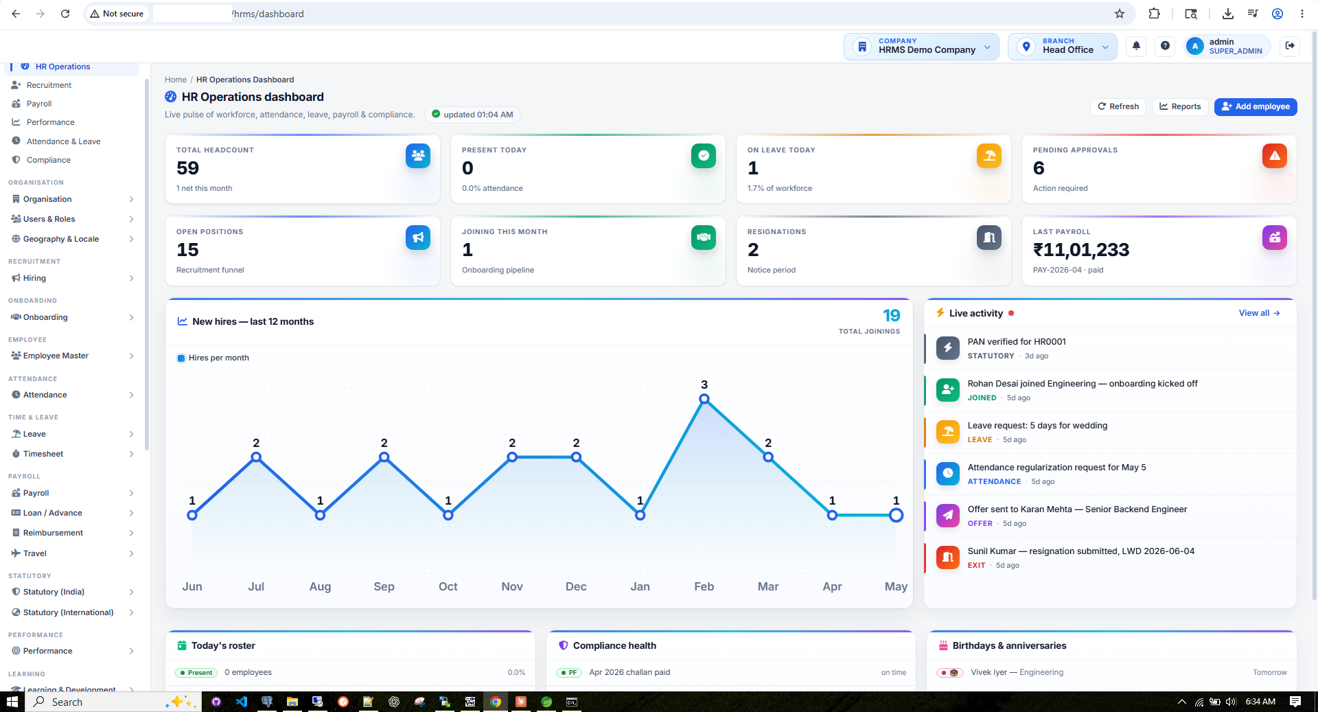 HRMS Operations Dashboard with live KPIs, roster and approvals queue