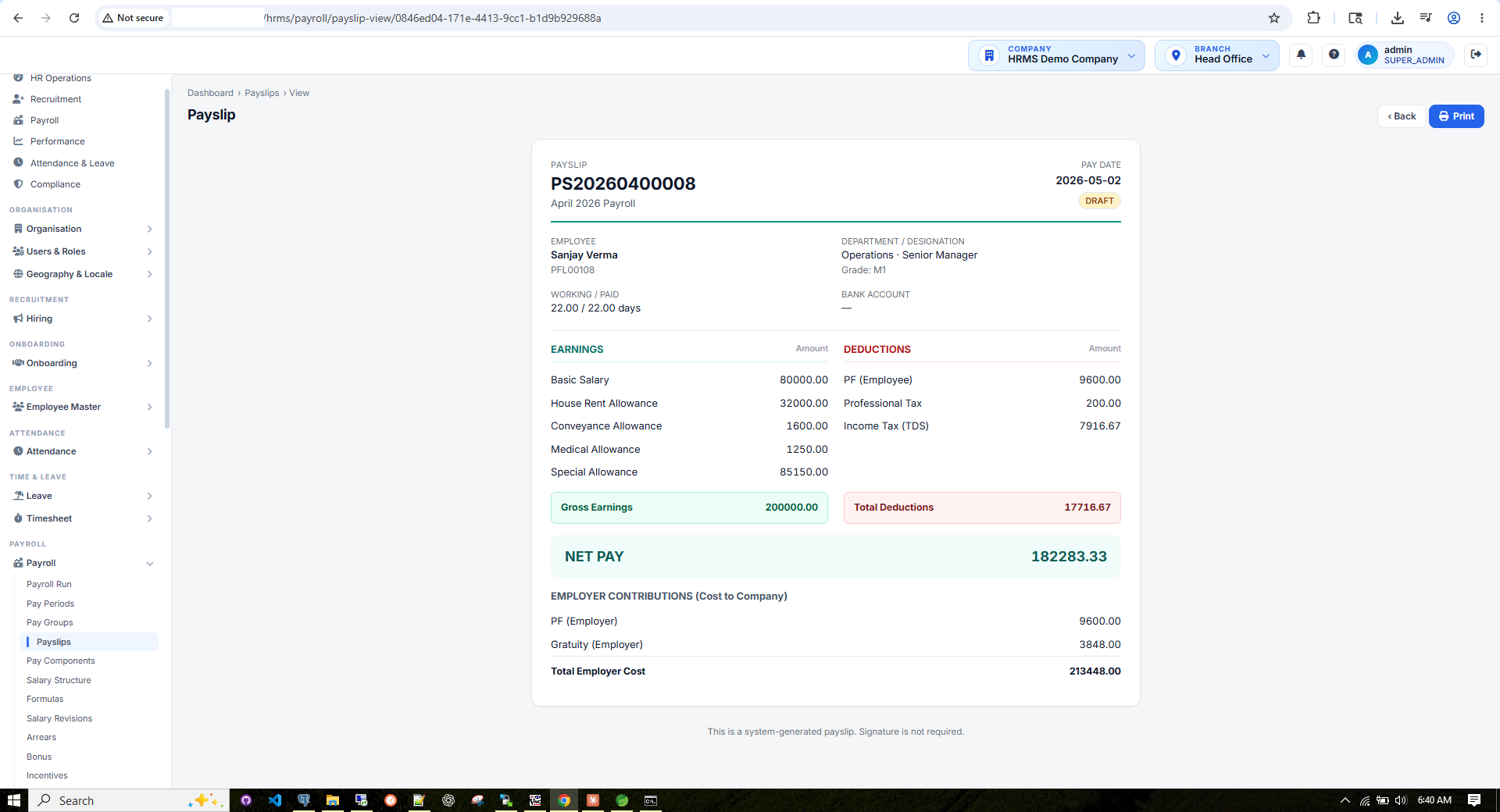 HRMS Payslip with line items, statutory and net pay