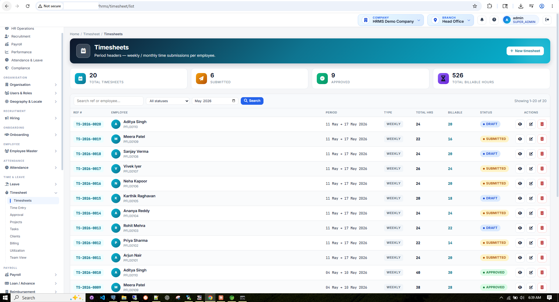 HRMS Timesheet weekly entry with projects and hours